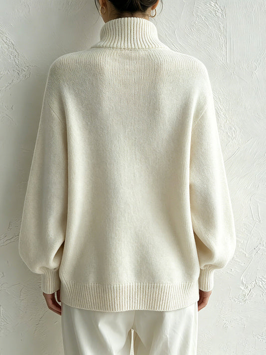 White Oversized Turtleneck Sweater — Diagonal Wood Buttons 2