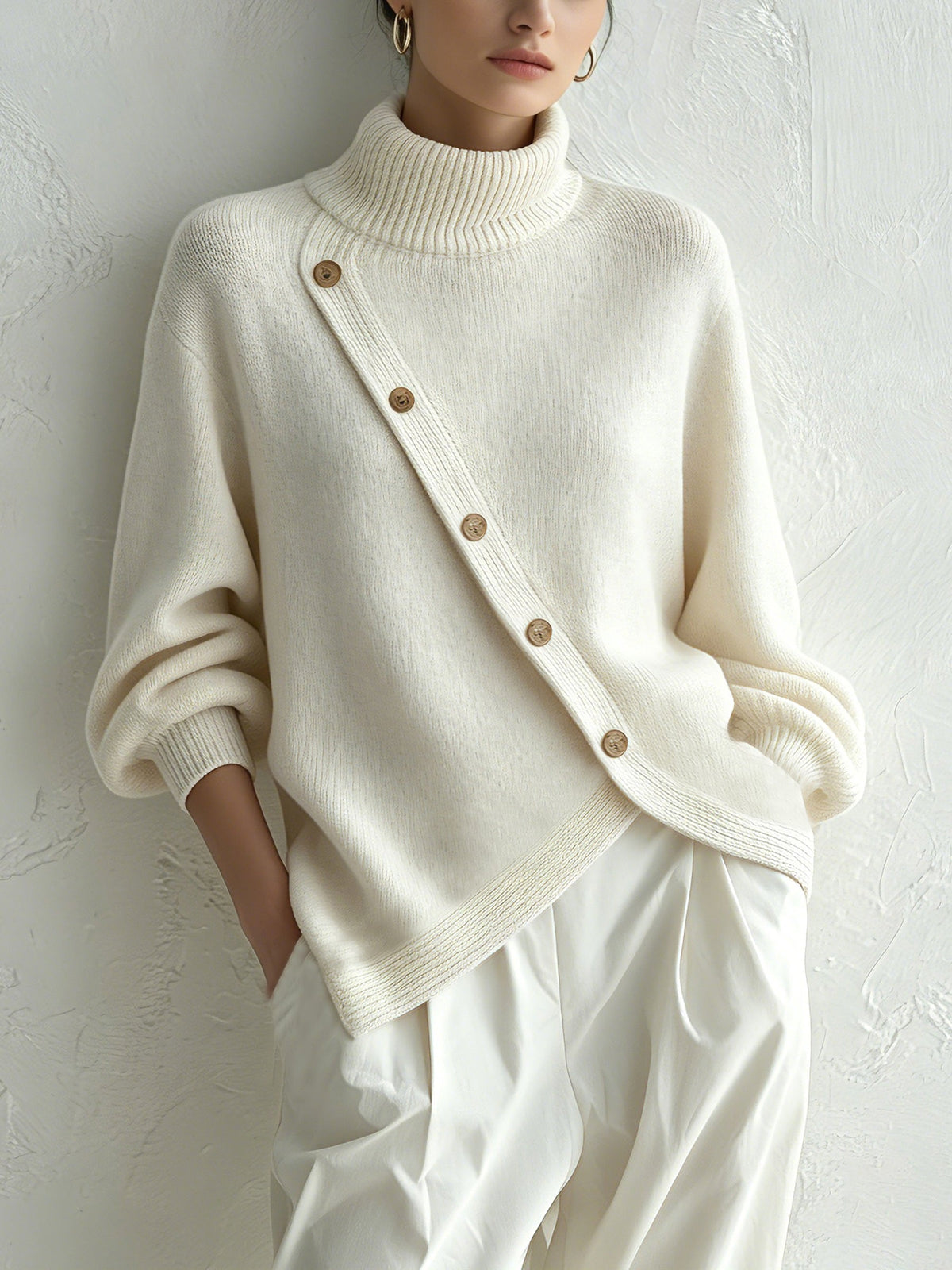 White Oversized Turtleneck Sweater — Diagonal Wood Buttons 1