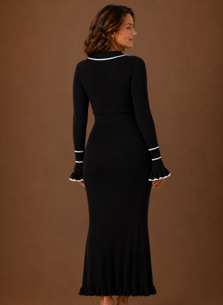 Ribbed Knit Maxi Sweater Dress — Polo Collar & Ruffled Hem 6