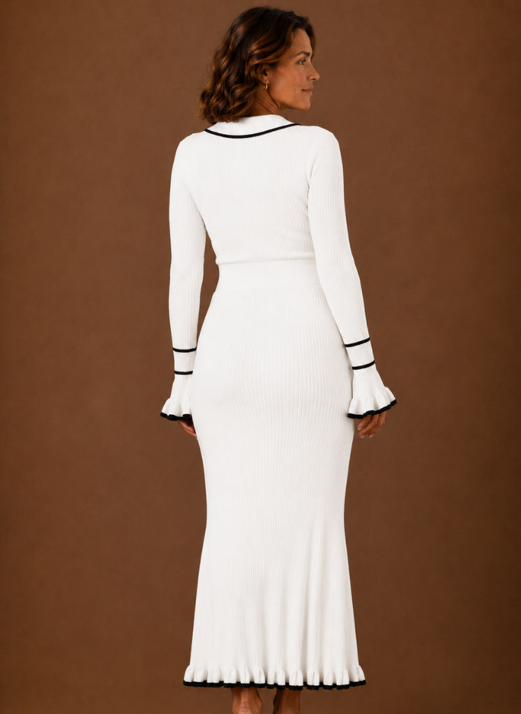 Ribbed Knit Maxi Sweater Dress — Polo Collar & Ruffled Hem 3