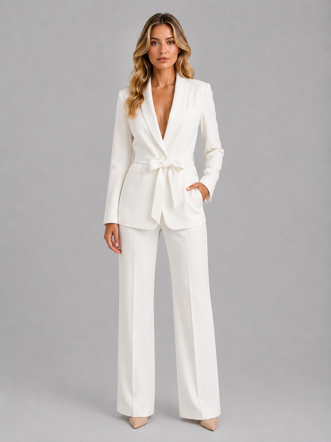 Women's Belted Blazer & Wide-Leg Trouser Suit Co-Ord Set 9