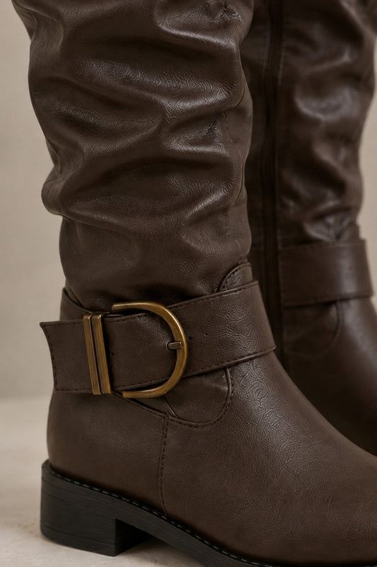 Women's Brown Buckle Knee-High Boots — Wide Calf Slouchy 2