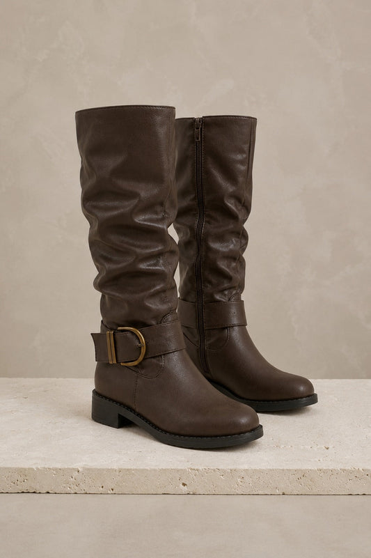 Women's Brown Buckle Knee-High Boots — Wide Calf Slouchy 1