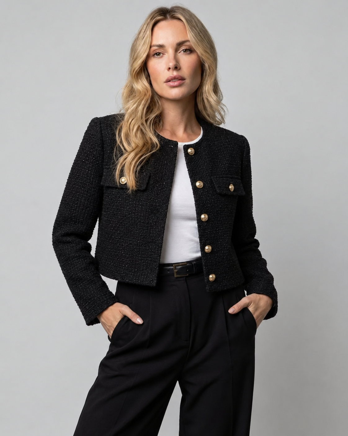 Women's Cropped Tweed Blazer — Gold Buttons & Pockets 1