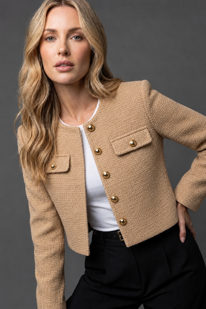Women's Cropped Tweed Blazer — Gold Buttons & Pockets 7