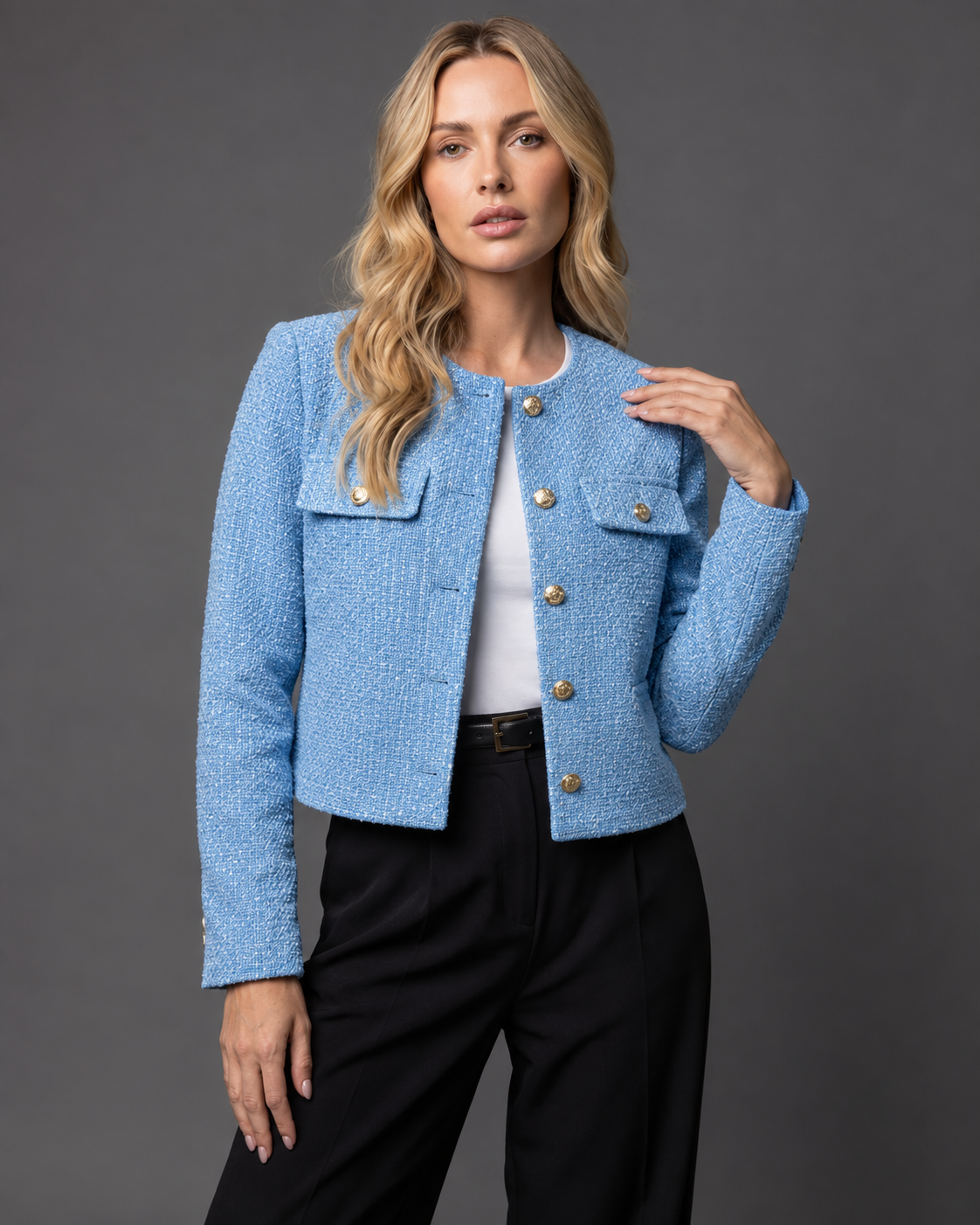 Women's Cropped Tweed Blazer — Gold Buttons & Pockets 8