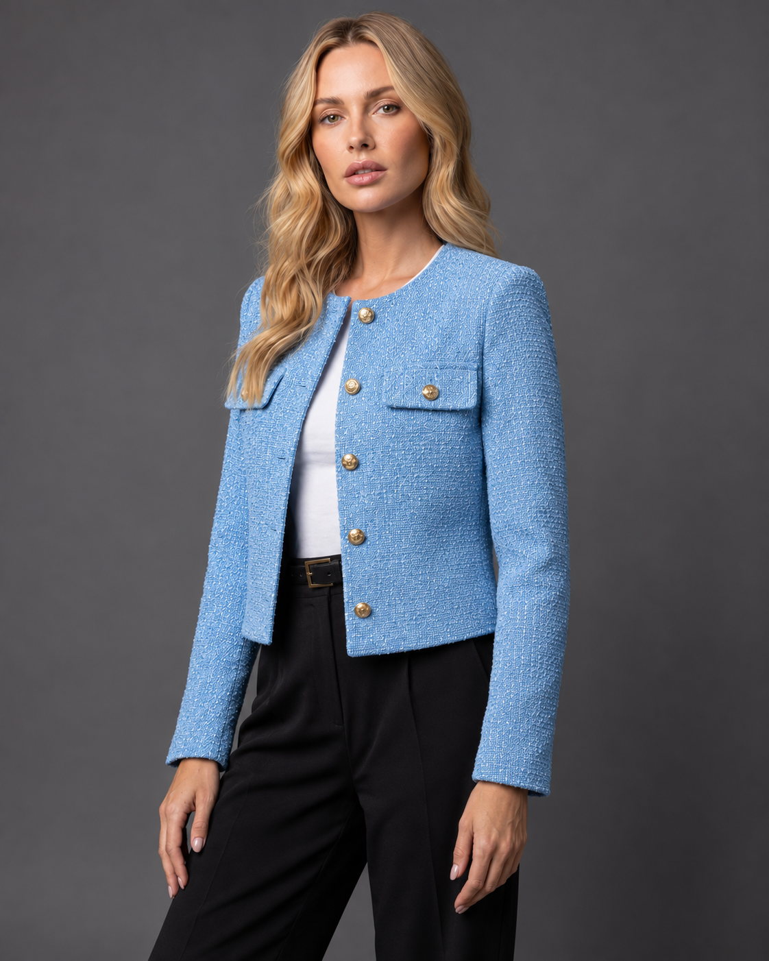 Women's Cropped Tweed Blazer — Gold Buttons & Pockets 9