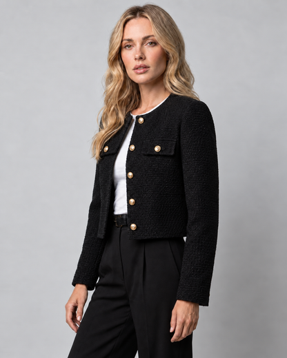 Women's Cropped Tweed Blazer — Gold Buttons & Pockets 2