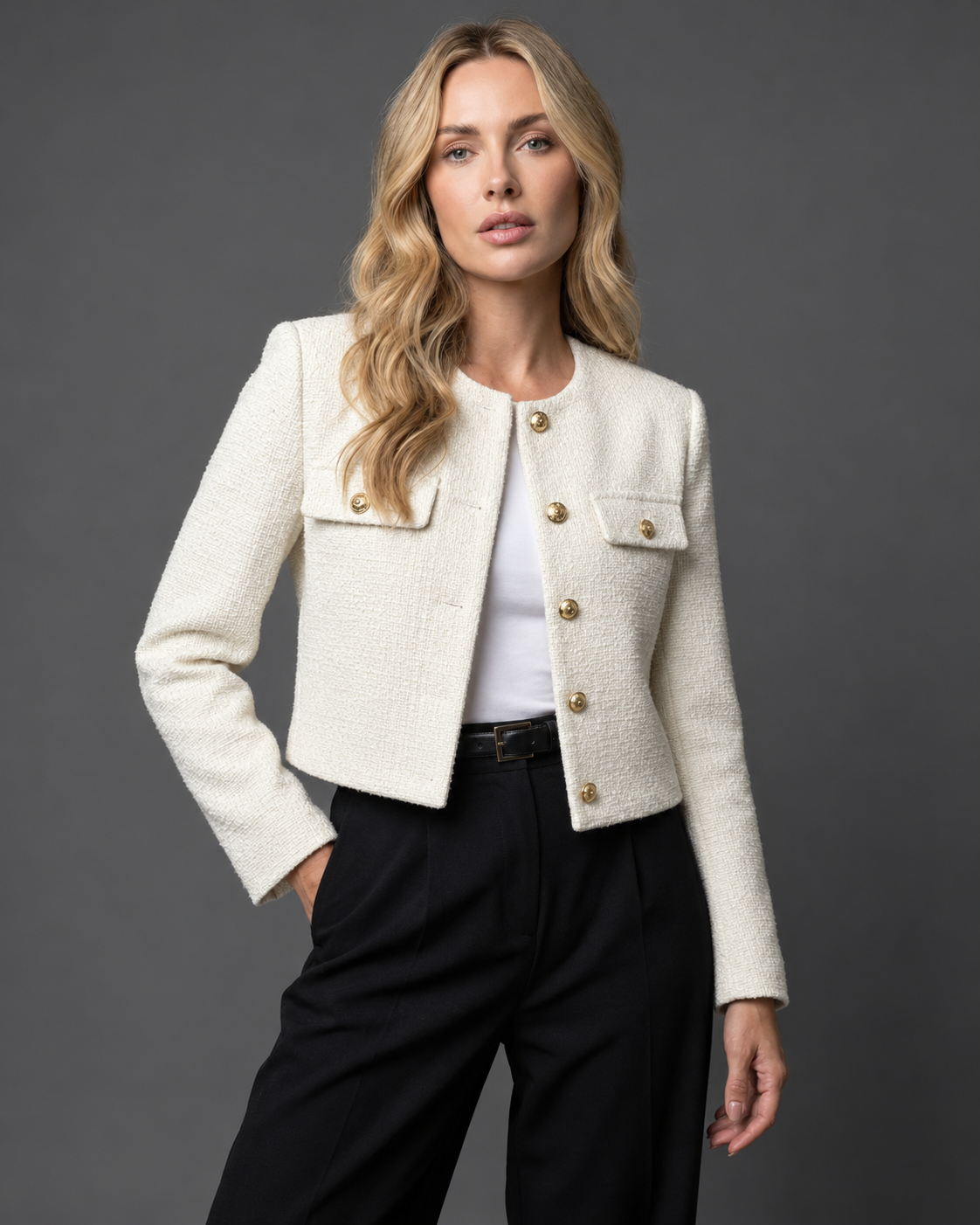 Women's Cropped Tweed Blazer — Gold Buttons & Pockets 3