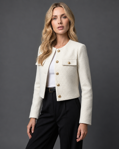 Women's Cropped Tweed Blazer — Gold Buttons & Pockets 4