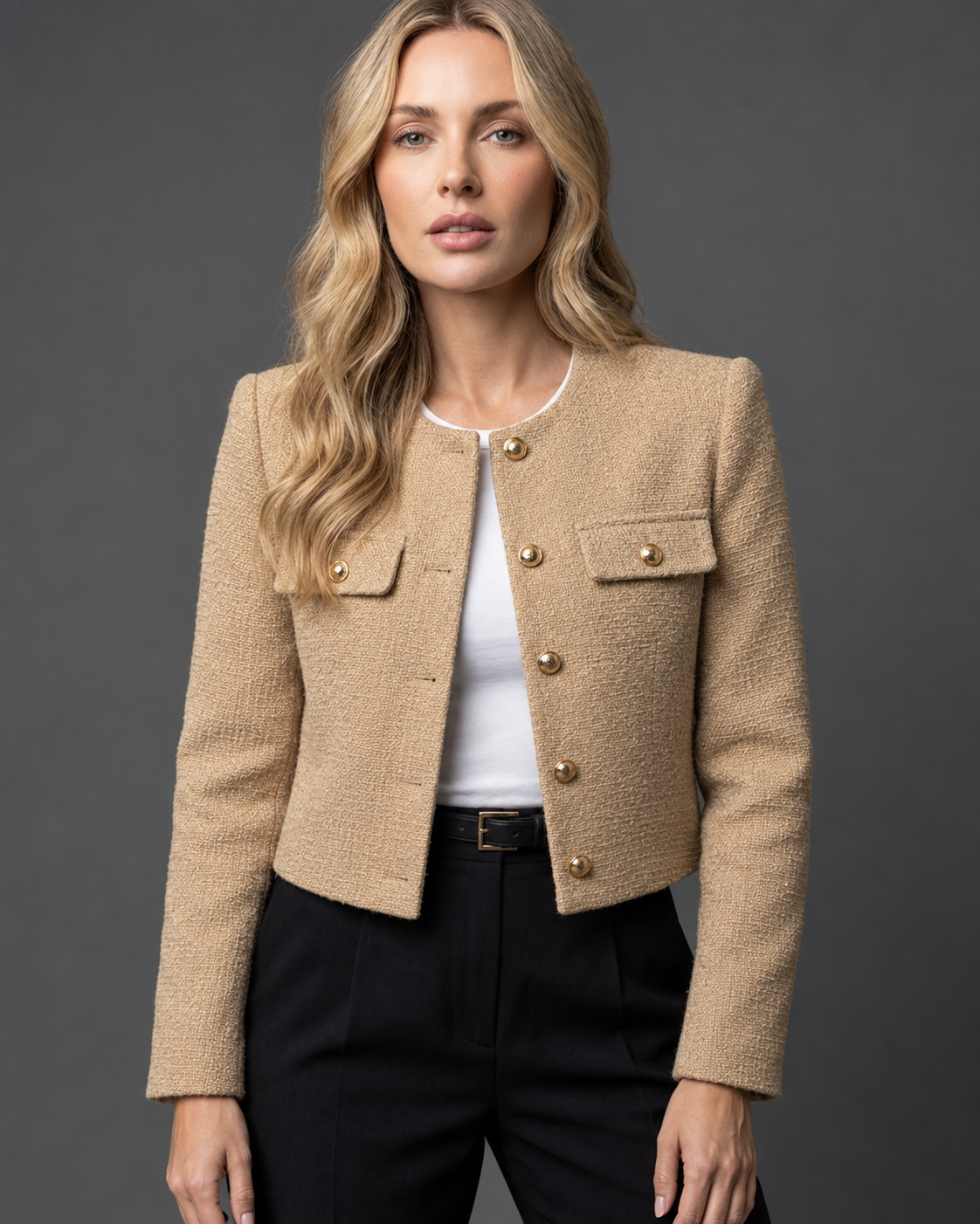 Women's Cropped Tweed Blazer — Gold Buttons & Pockets 5