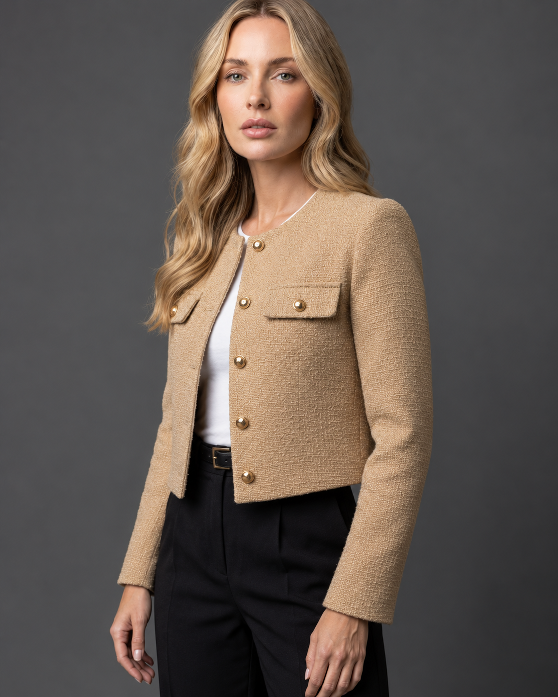 Women's Cropped Tweed Blazer — Gold Buttons & Pockets 6