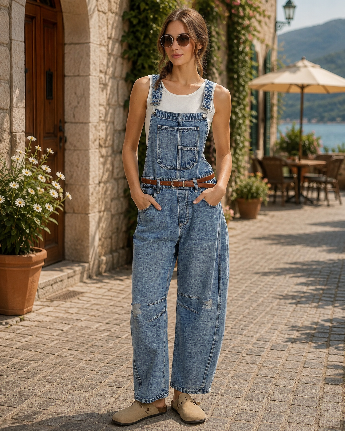 Women's Wide Leg Denim Overalls — Adjustable Straps & Pockets 2