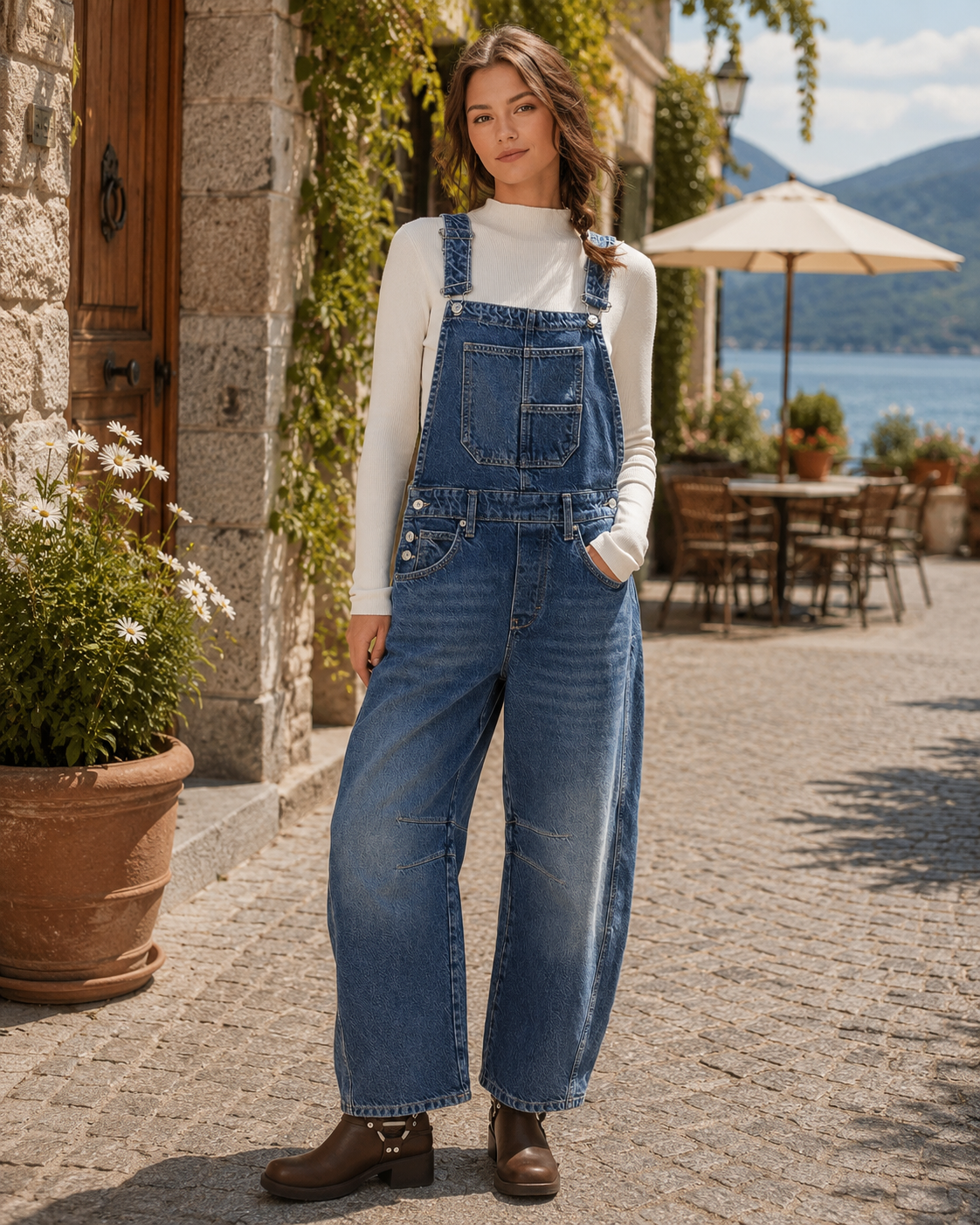 Women's Wide Leg Denim Overalls — Adjustable Straps & Pockets 1