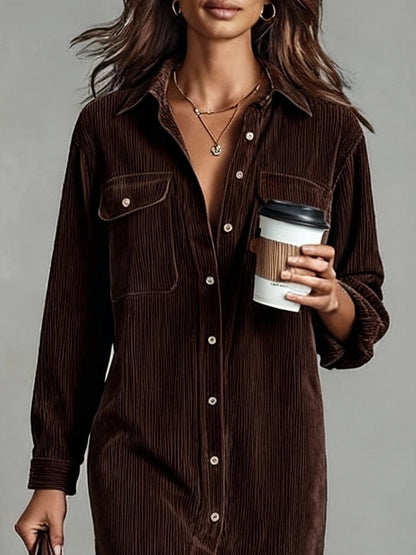 Women's Button-Through Midi Shirt Dress — Corduroy, Relaxed Fit, Chest Pockets