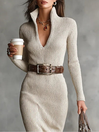 Women's Belted Midi Sweater Dress — Ribbed Knit, Collared V-Neck, Long Sleeve