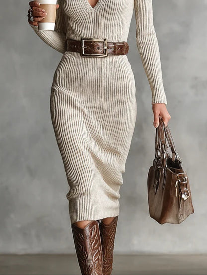 Women's Belted Midi Sweater Dress — Ribbed Knit, Collared V-Neck, Long Sleeve