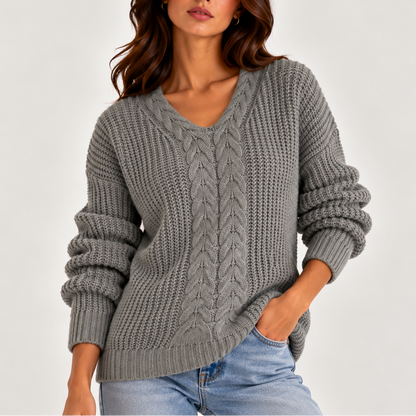 Cable Knit V-Neck Sweater — Women's Long Sleeve Knit Jumper 6