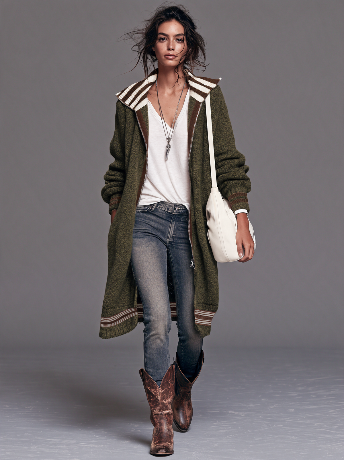 Women's Vintage Colour-Block Zip-Up Mid-Length Cardigan 13