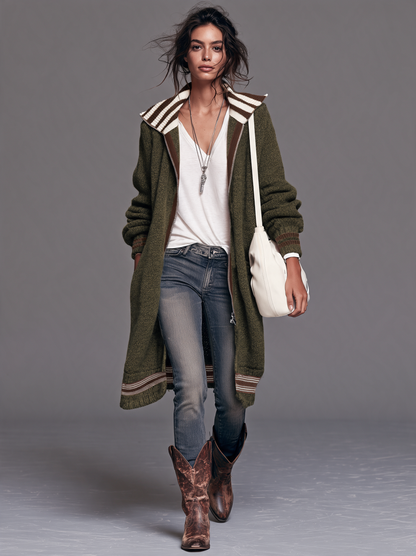 Women's Vintage Colour-Block Zip-Up Mid-Length Cardigan 13