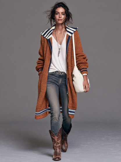 Women's Vintage Colour-Block Zip-Up Mid-Length Cardigan 14