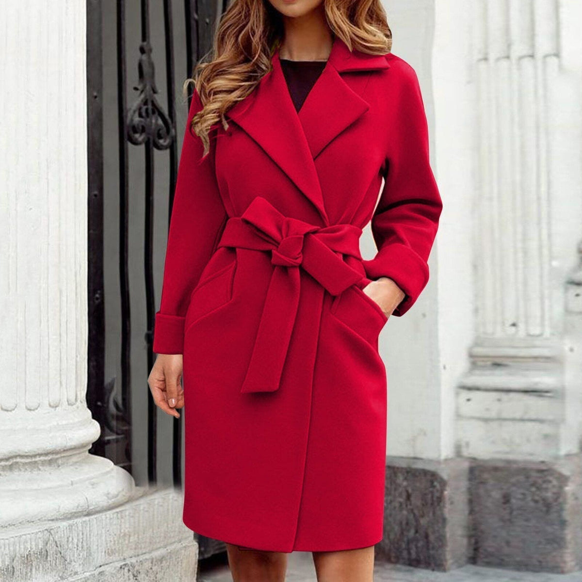 Belted Wrap Wool Coat — Bow Tie Waist & Front Pockets 7