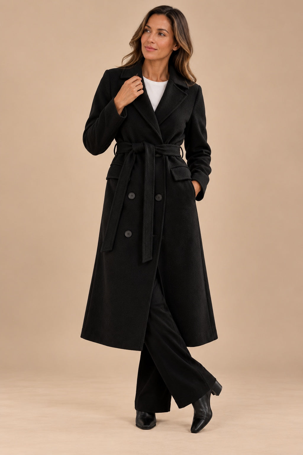Adele-Grace Belted Overcoat Women — Double-Breasted Longline