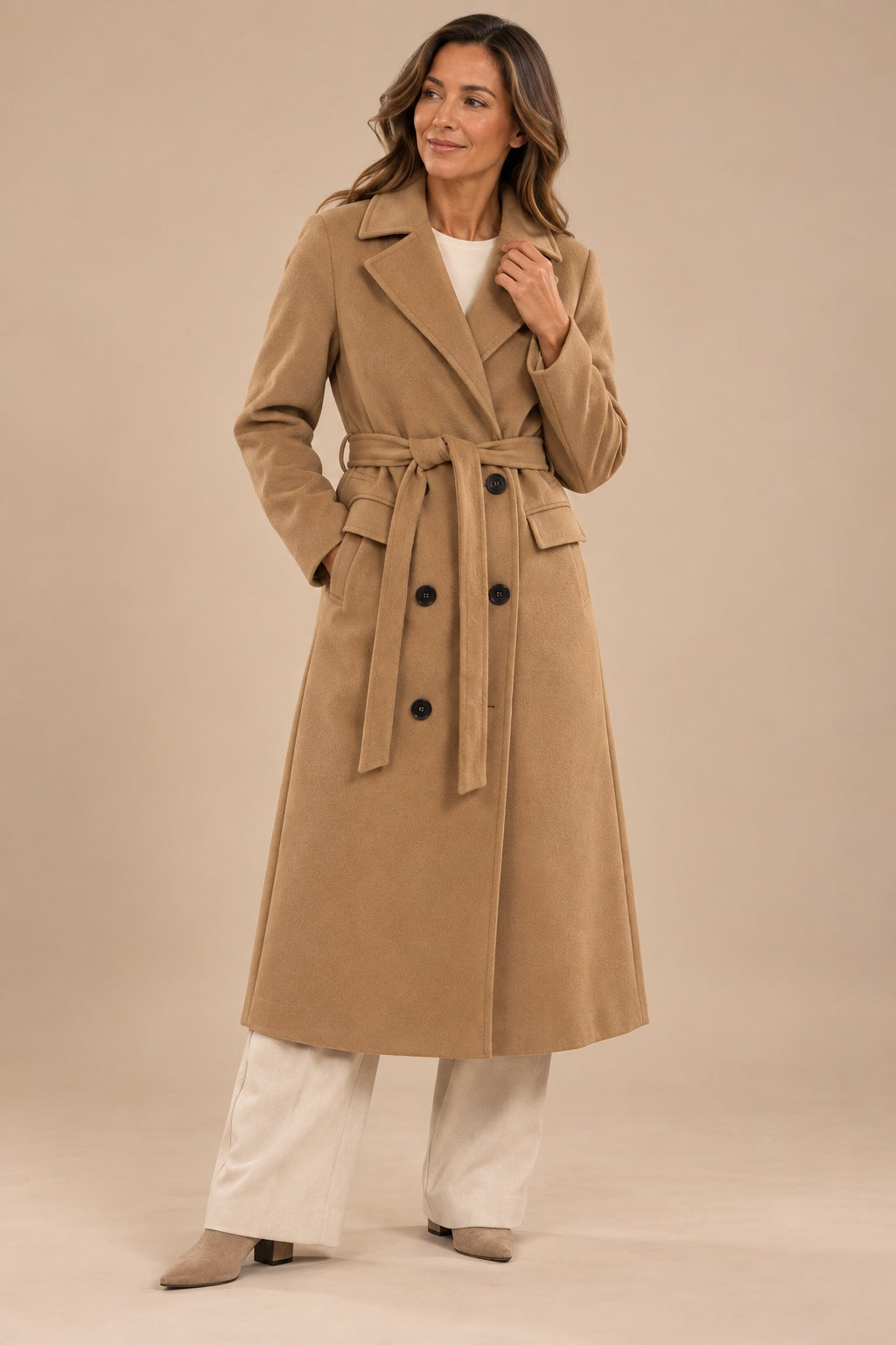 Adele-Grace Belted Overcoat Women — Double-Breasted Longline