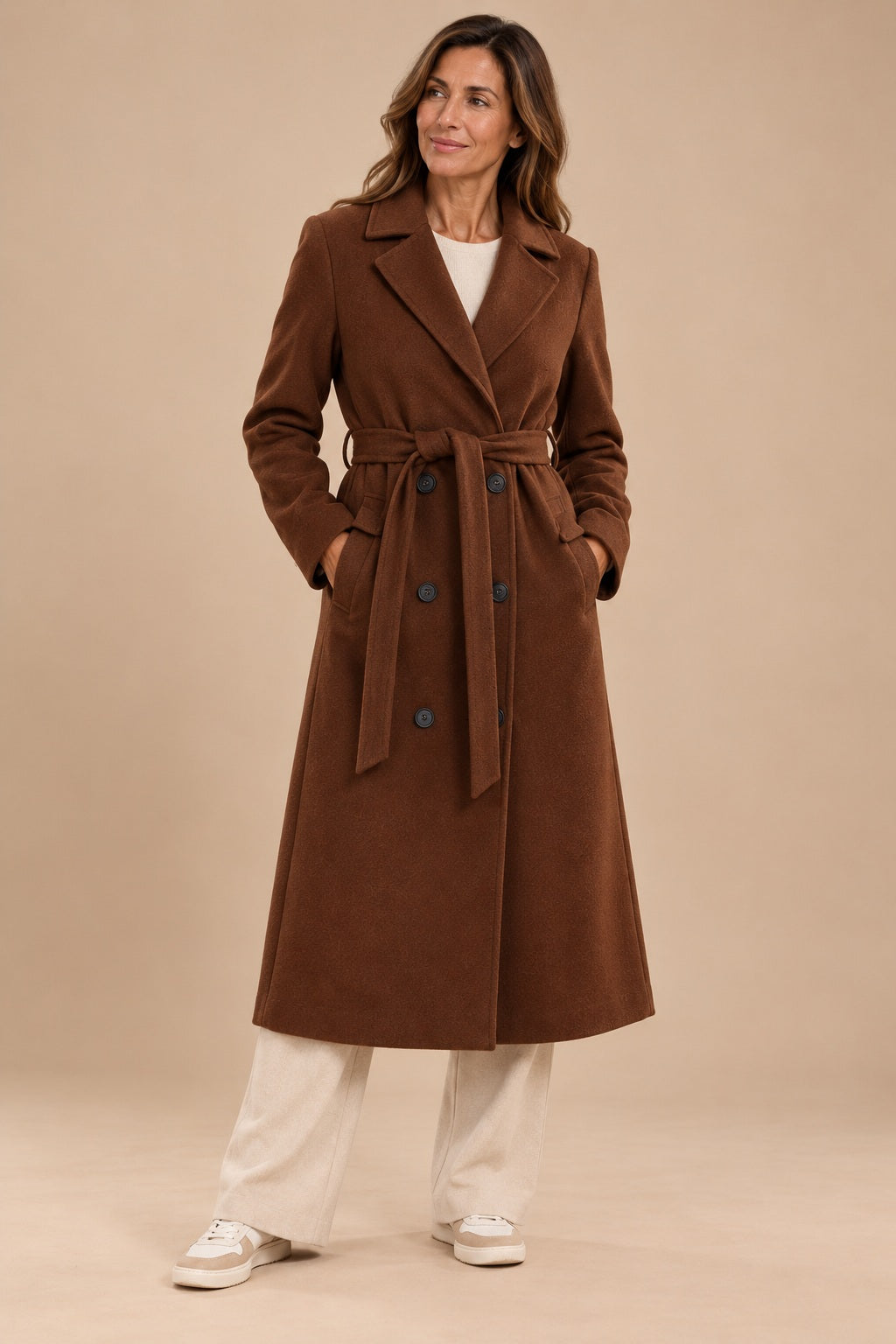 Adele-Grace Belted Overcoat Women — Double-Breasted Longline