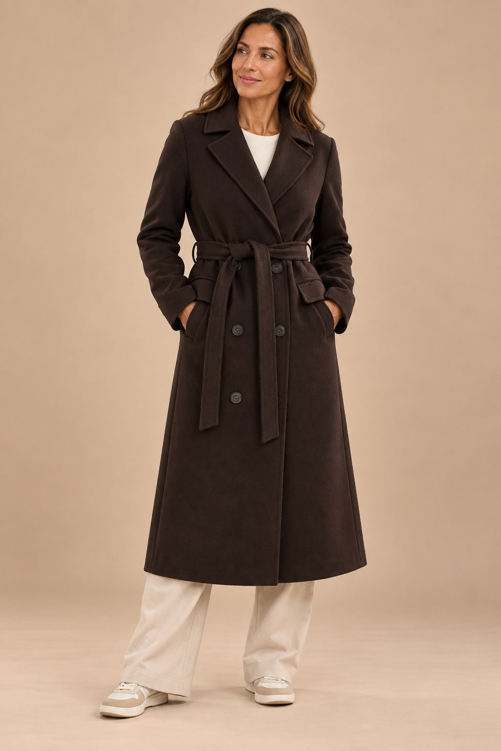 Adele-Grace Belted Overcoat Women — Double-Breasted Longline