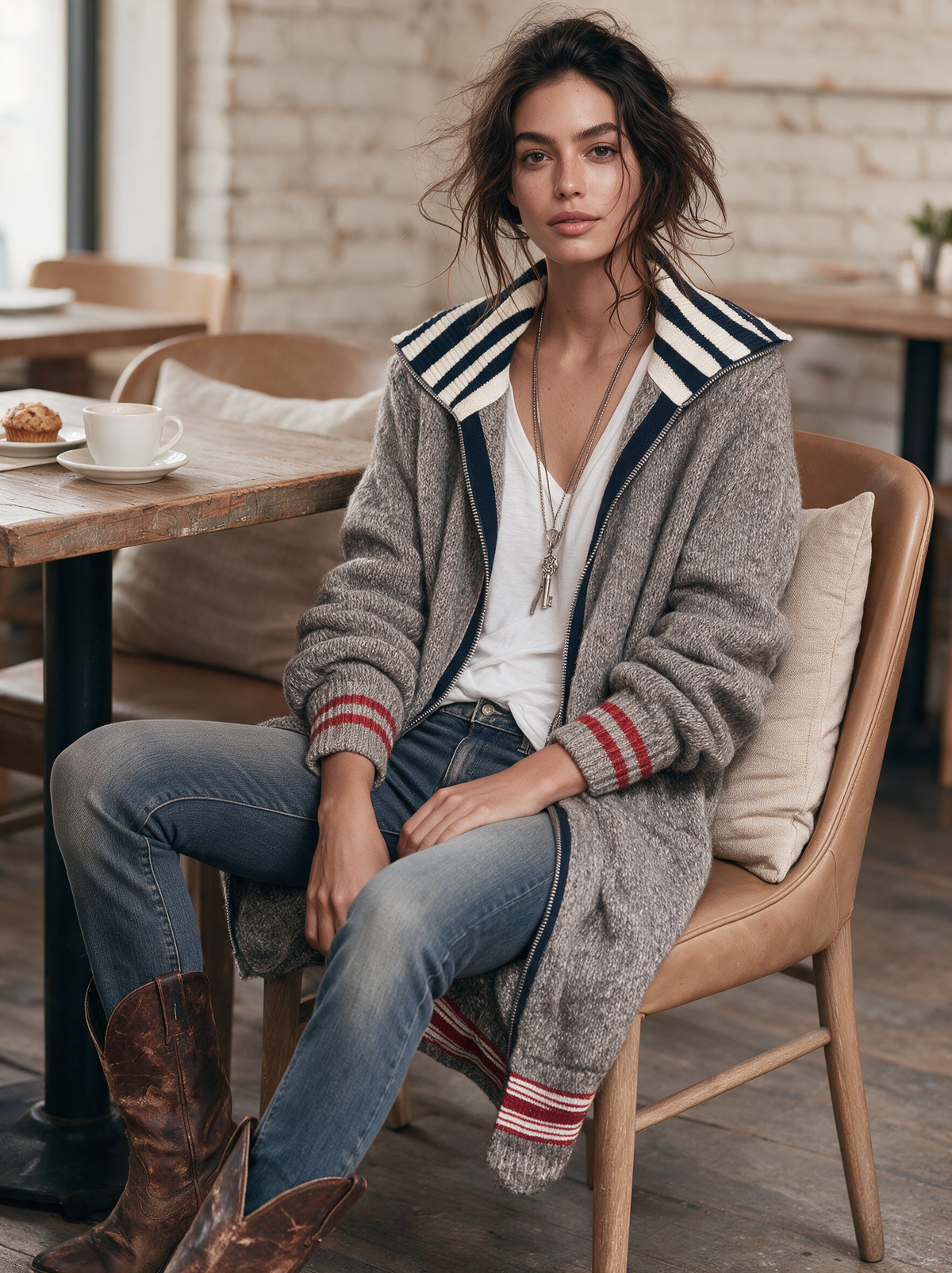 Women's Vintage Colour-Block Zip-Up Mid-Length Cardigan 2