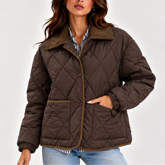Women's Quilted Puffer Jacket — Corduroy Collar Coat 1