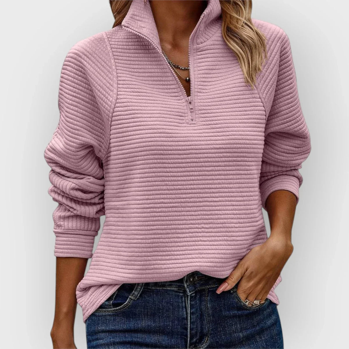 Women's Half-Zip Jumper — Collared V-Neck, Relaxed Fit, Knit Pullover