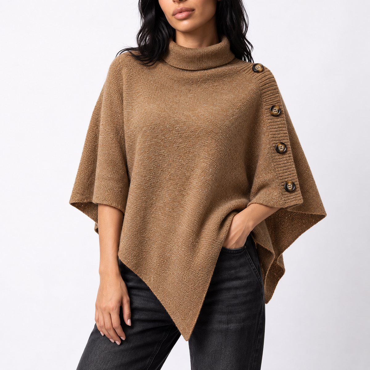 Women's Knitted Turtleneck Poncho — Buttons & Asymmetric Hem 4