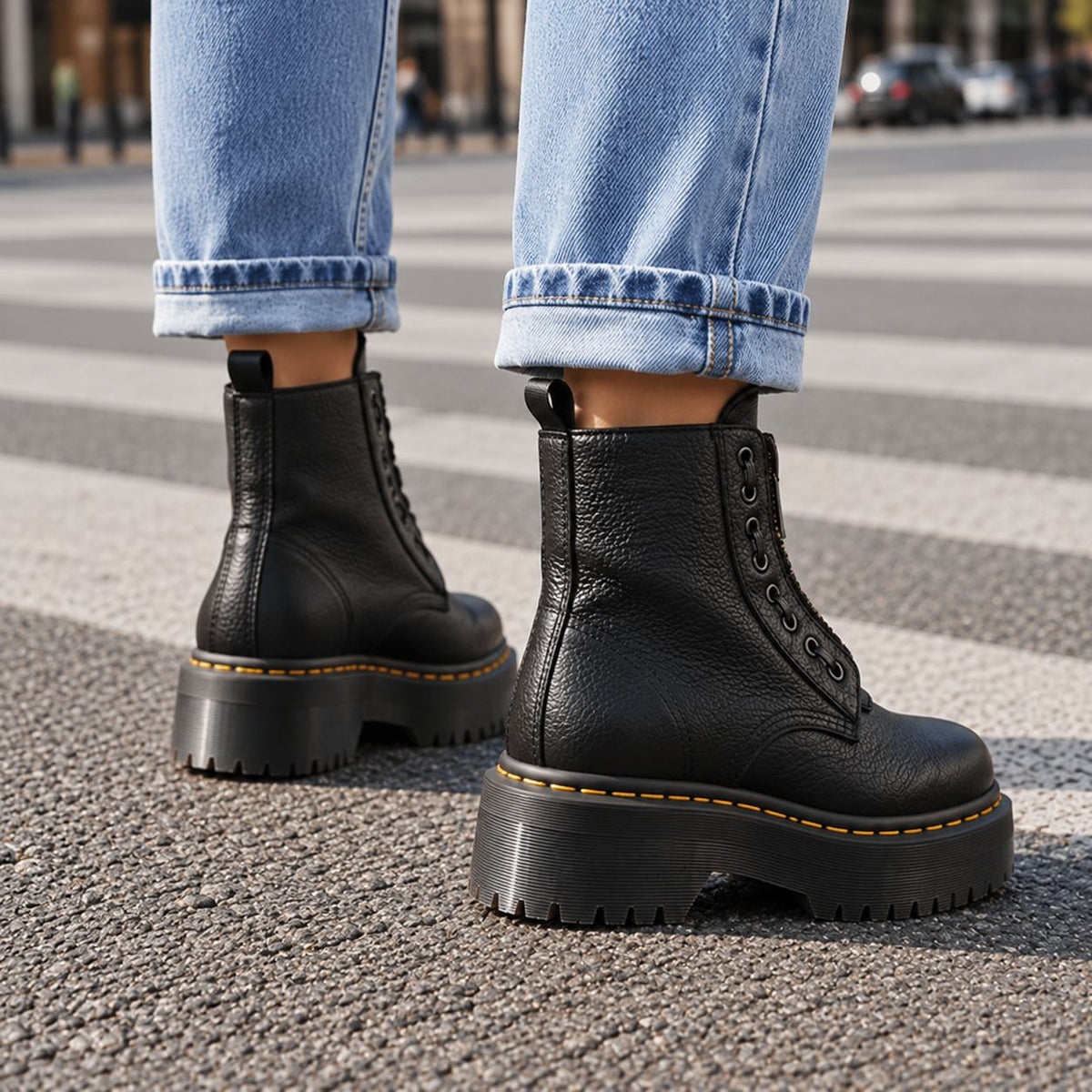 Bianchi Platform Boots in Black — back view worn with cropped jeans