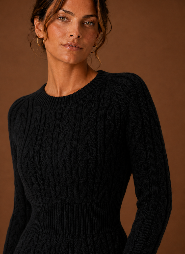 Cable Knit Sweater Mini Dress — Long Sleeve Women's Knit 4