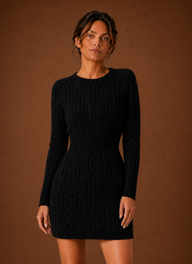 Cable Knit Sweater Mini Dress — Long Sleeve Women's Knit 1