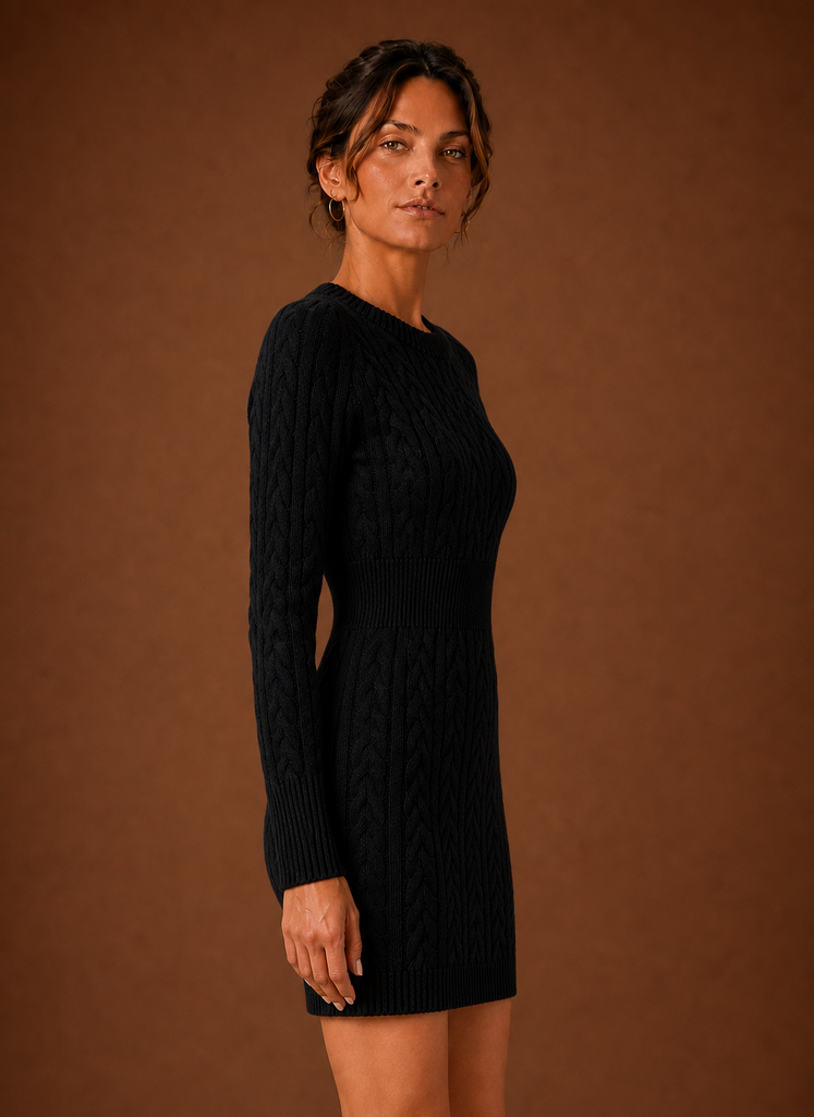 Cable Knit Sweater Mini Dress — Long Sleeve Women's Knit 2