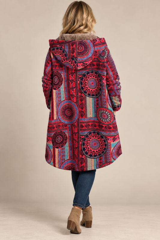Bohemian Winter Coat with Floral Print & Faux Fur Lining