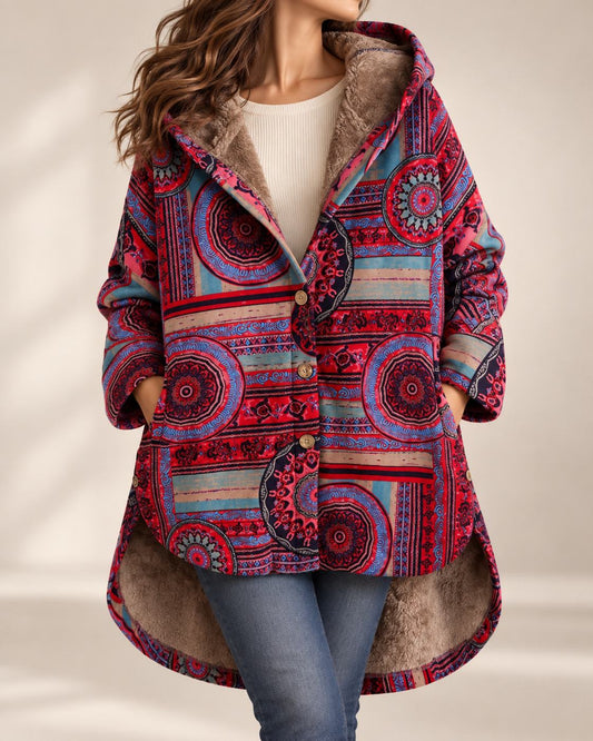 Bohemian Winter Coat with Floral Print & Faux Fur Lining