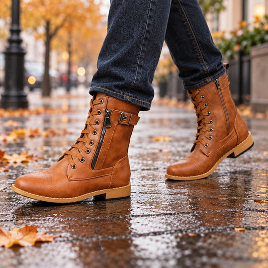Brown lace-up leather ankle boots with side zip, worn on a wet autumn pavement