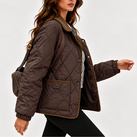 Women's Quilted Puffer Jacket — Corduroy Collar Coat 2