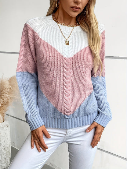 Colour Block Cable Knit Sweater — Chevron Panel Design 1