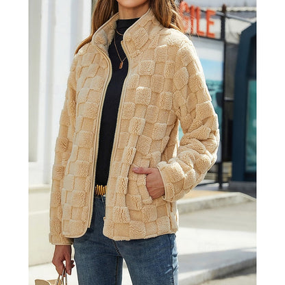 Checkerboard Fleece Jacket with Stand Collar — Relaxed Fit 1