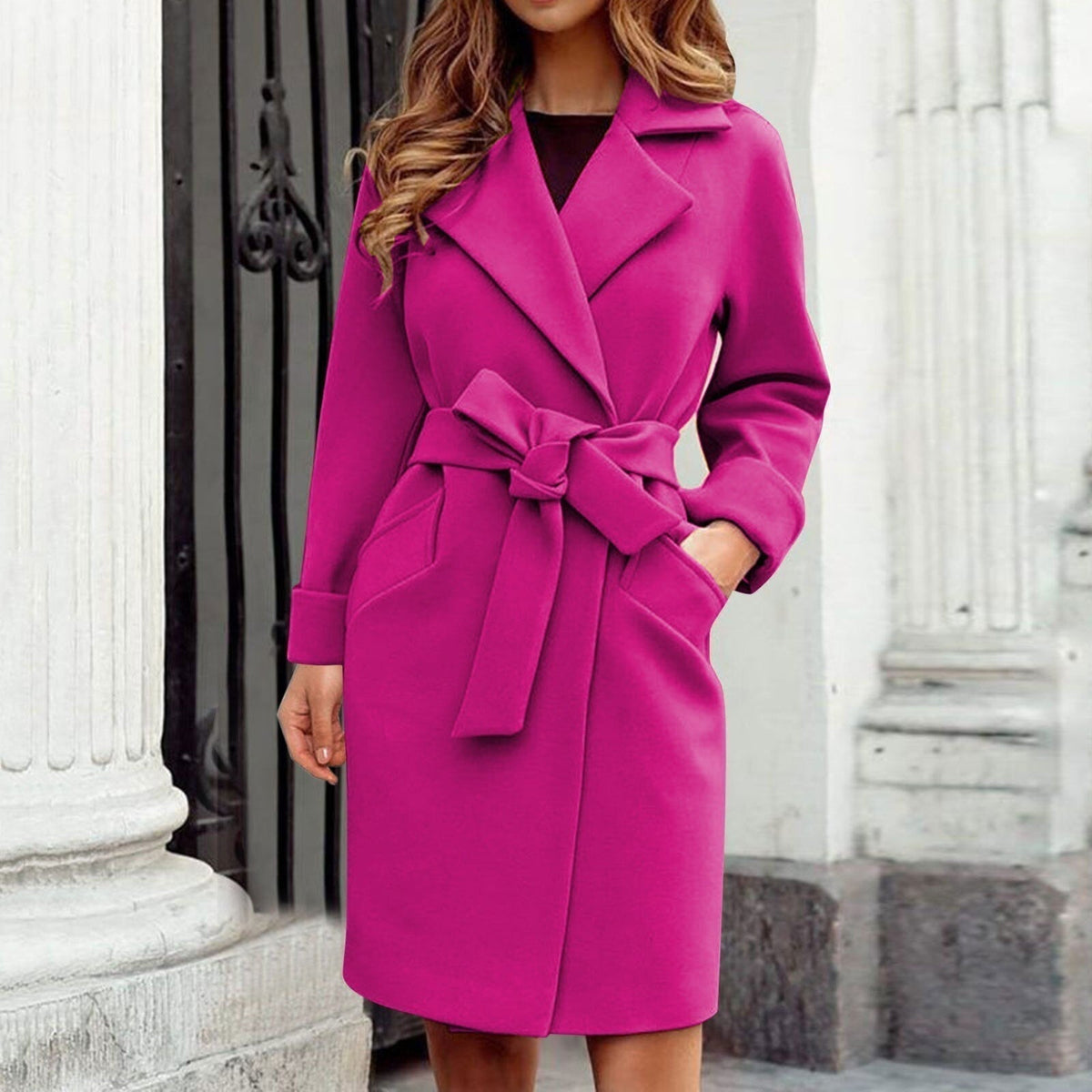 Belted Wrap Wool Coat — Bow Tie Waist & Front Pockets 4