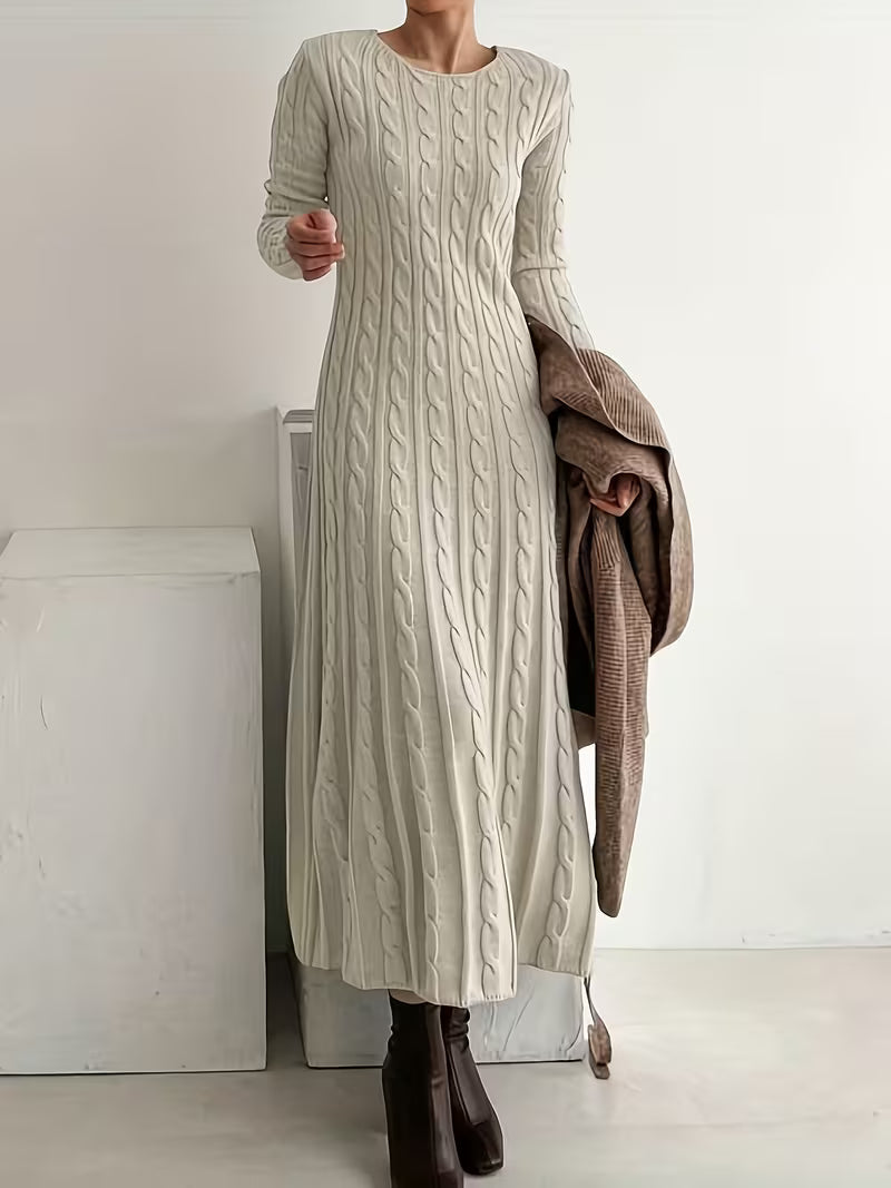 Women's Maxi Jumper Dress — Cable Knit, Crew Neck, Long Sleeve