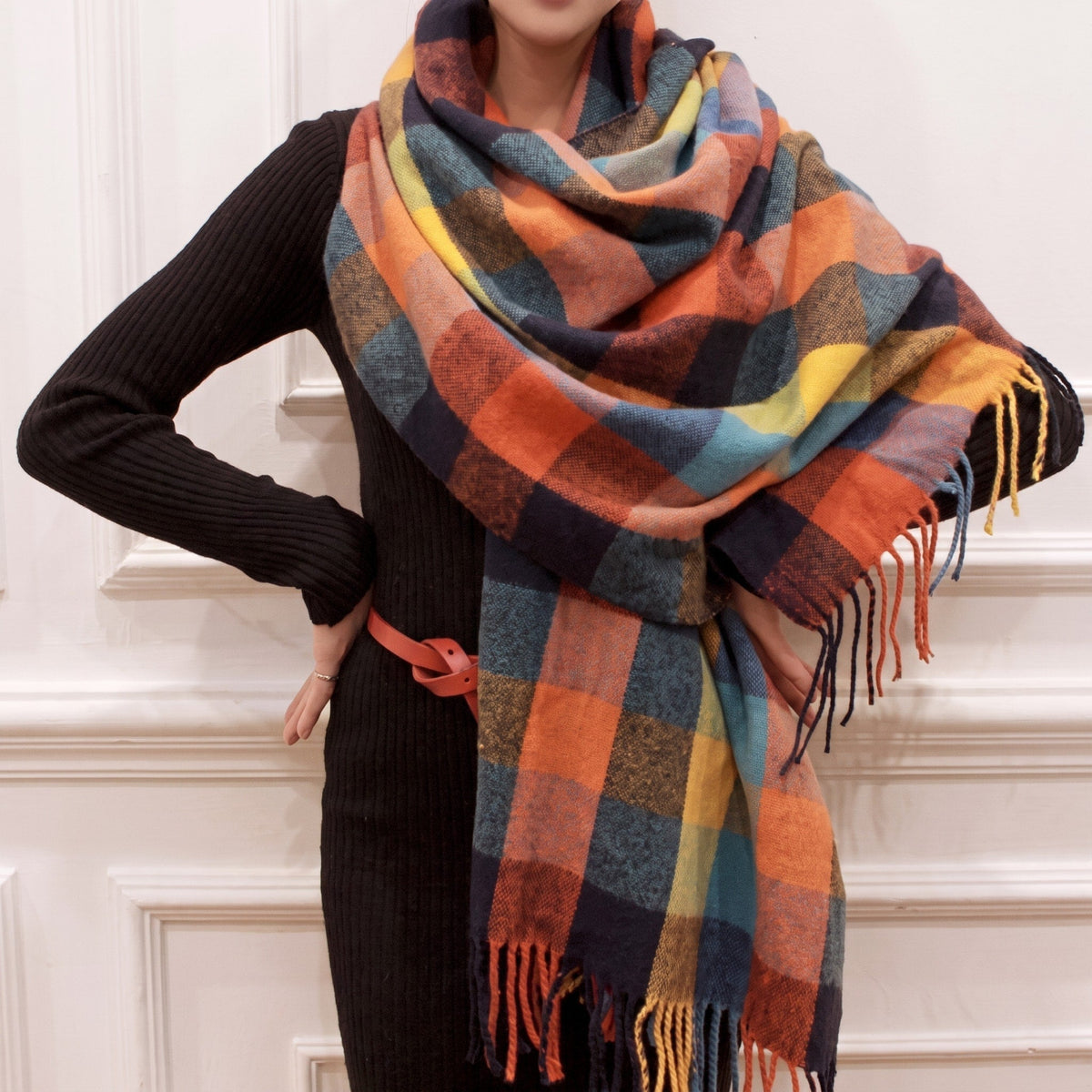 Women's Fringed Tartan Wrap Scarf with Tassel Trim 5