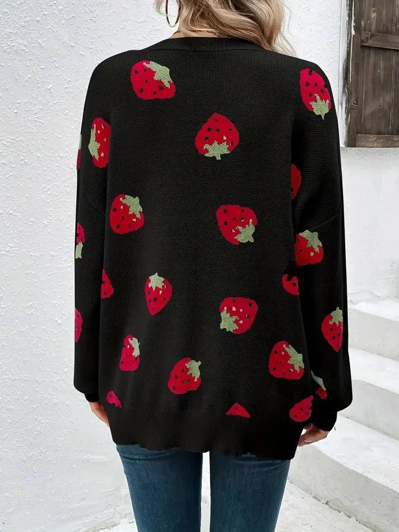 Strawberry Motif Knit Cardigan — Oversized Button Front 10