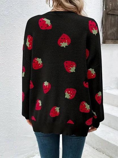 Strawberry Motif Knit Cardigan — Oversized Button Front 10