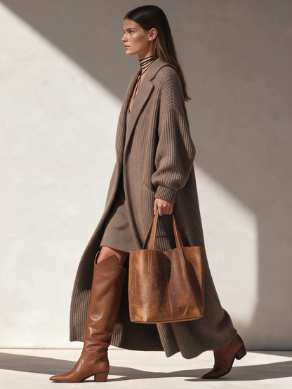 Women's Longline Wool-Knit Coat — Chunky Rib Open Front 5